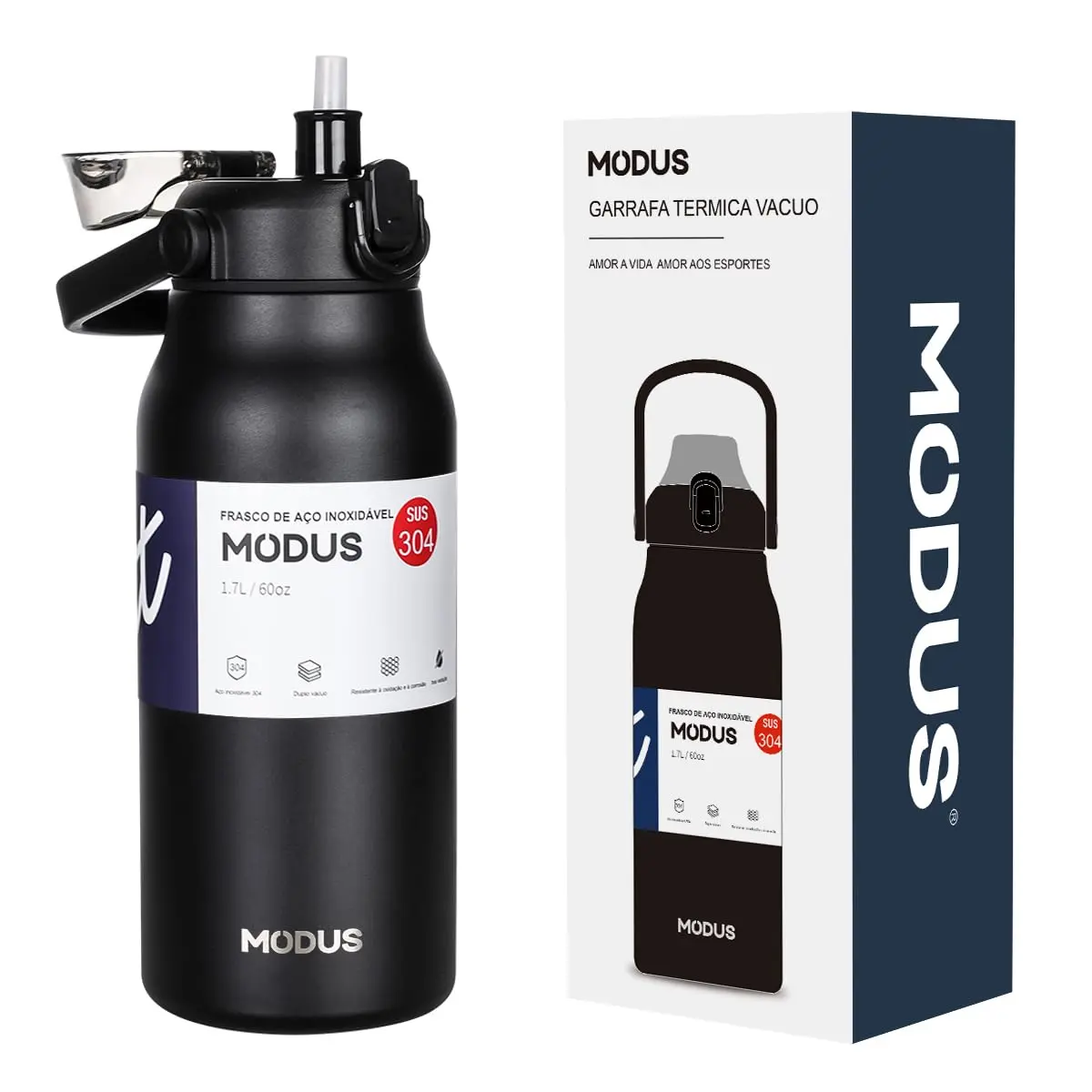Garrafa Térmica De Grande Capacidade Isolada a Vácuo 1700mL (Preto)