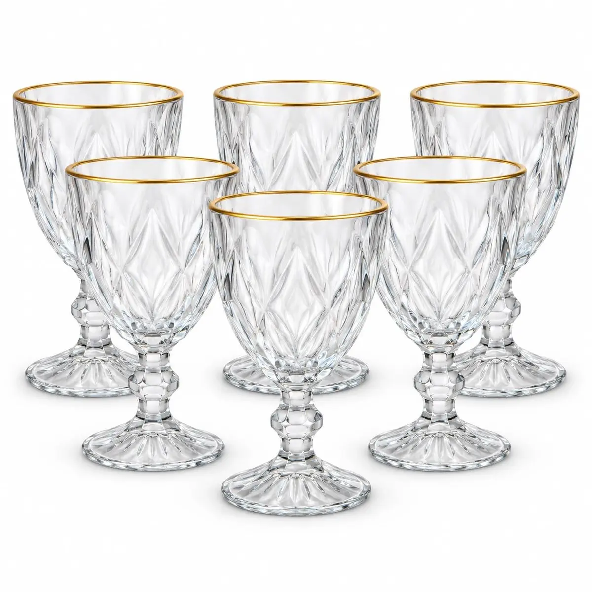 Jogo de 6 Taças de Vidro Diamond Transparente Borda Dourada Ouro de 330ml Design Elegante e Resistente Ideal para Suco Água Refrigerante Drinks e Café para Cozinha Bar e Restaurante