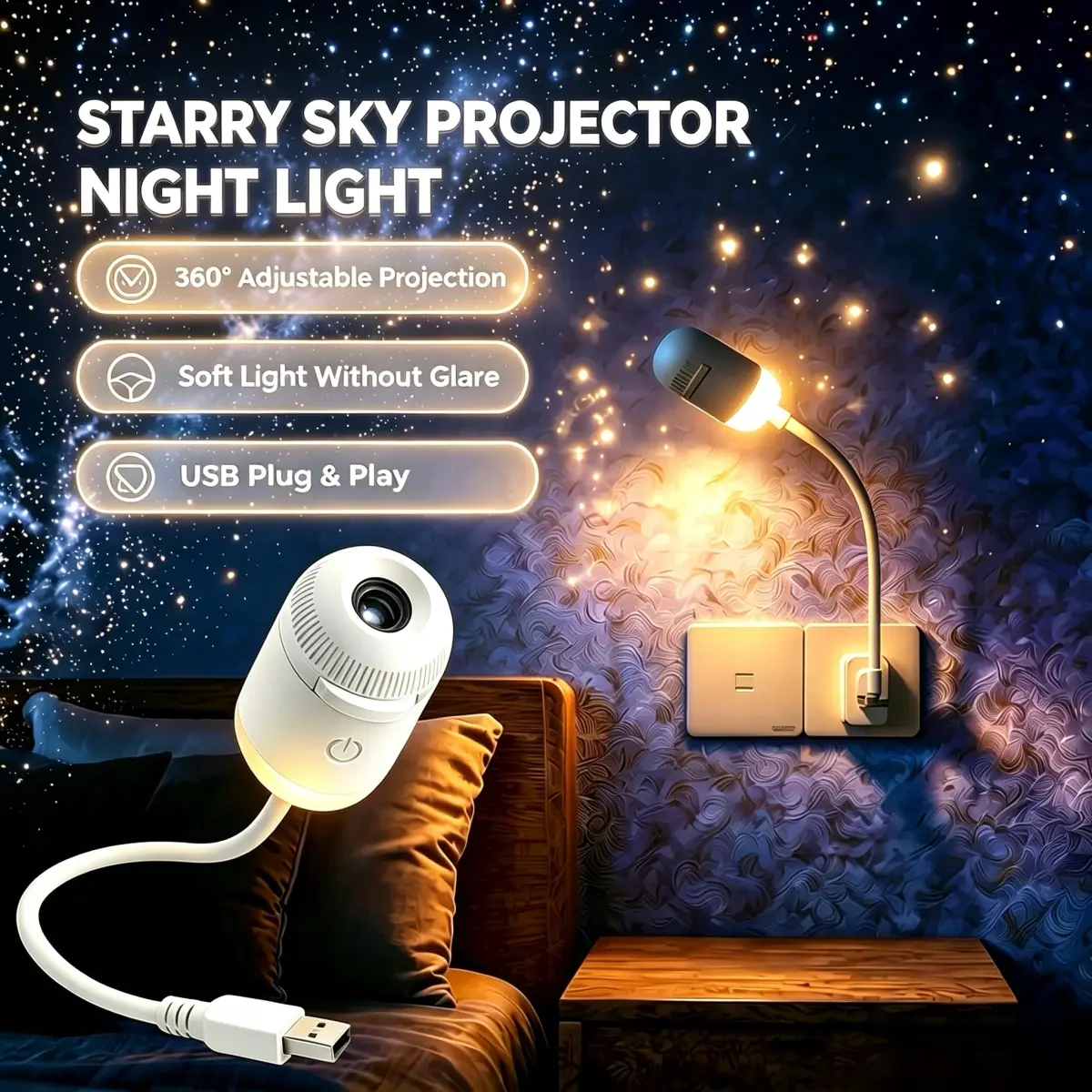 Projetor de Estrelas Galaxy, Lâmpada Portátil 2 em 1 com 12 Slides, 360 ° Luz Noturna LED Ajustável para Cuidado dos Olhos, para Decoração de Quarto e Carro, Presente