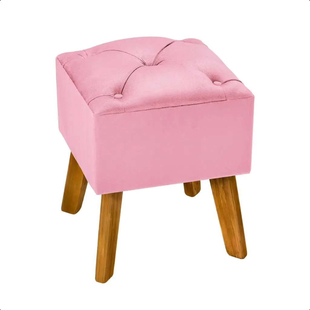 Puff Quadrado Veludo com Pé de Madeira Capitonê Decorativo(ROSA) | Puff em veludo com design capitonê e pés de madeira, une conforto e elegância para diversos ambientes - 1