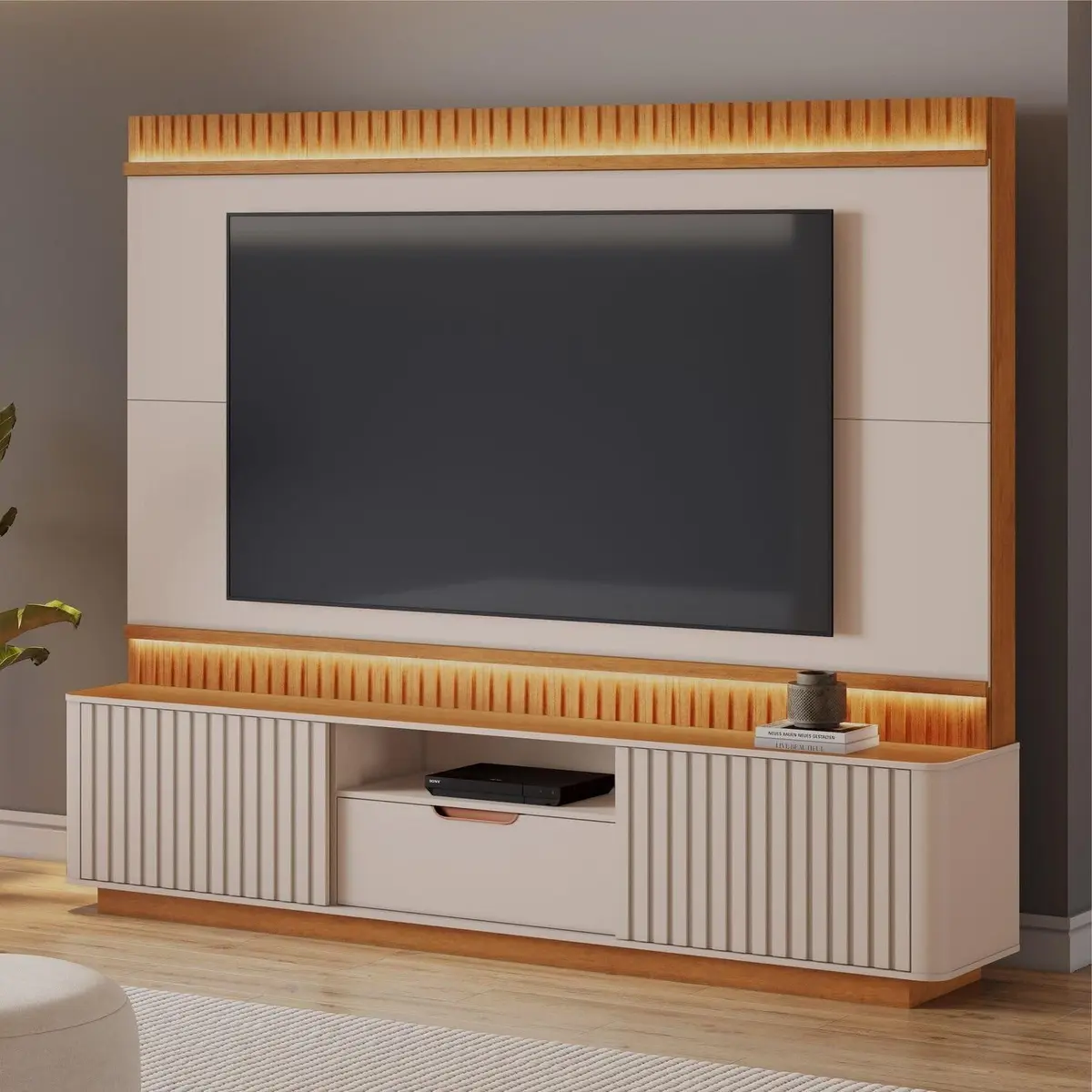 Estante para TV e Home Theater Ripado para TV até 85 Polegadas MDF 210cmx203cm Atena Detalhes Curvos e Ripados Off/Cinamomo