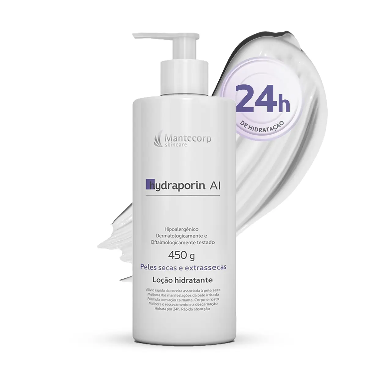 MANTECORP - Hidratante Corporal Hydraporin AI - Hidratação Intensa para Peles Secas e Sensíveis, Hidrata 24h, Ação Anti-inflamatória e Calmante - 450g