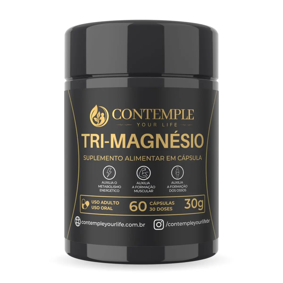 Tri Magnésio Contemple 3 Fontes 260mg 60 Cápsulas 30 Porções | 3 Fontes de Magnésio, 260 mg por Porção, Metabolismo Energético, Função Muscular e Ossos, 83% do Valor Diário