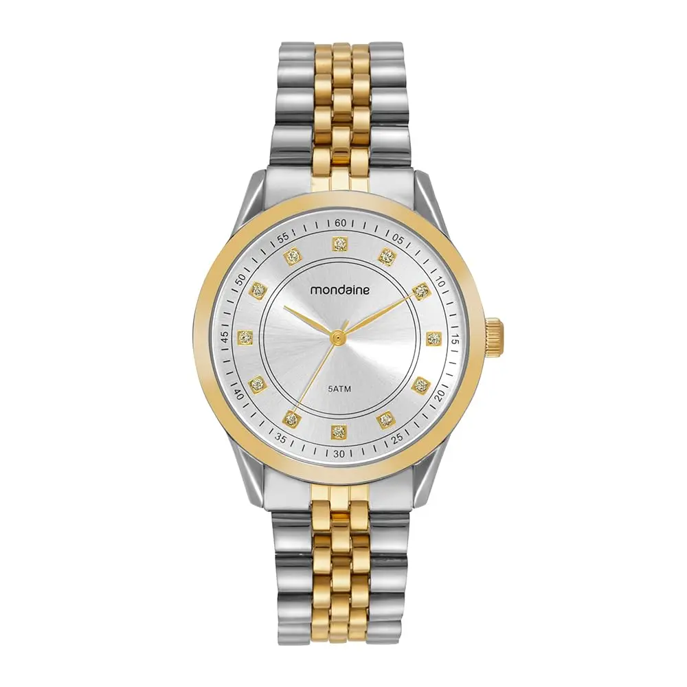 Relógio Feminino Cristais Mostrador Metálico Prata e Dourado