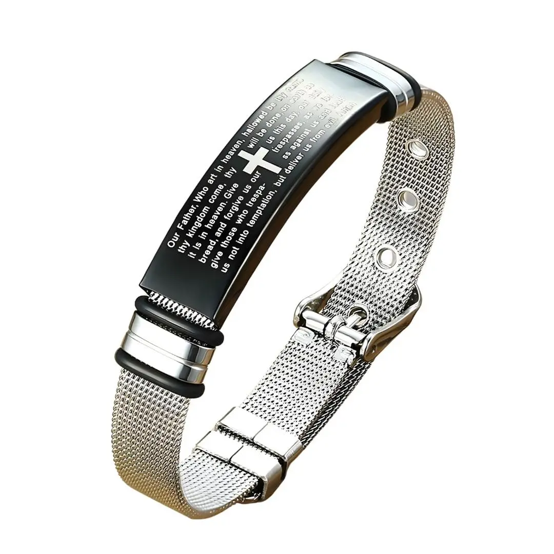 Pulseira Masculina "Blessed Man" com Oração do Pai-Nosso – Aço Inoxidável – Acompanha Bolsa de Veludo - 1
