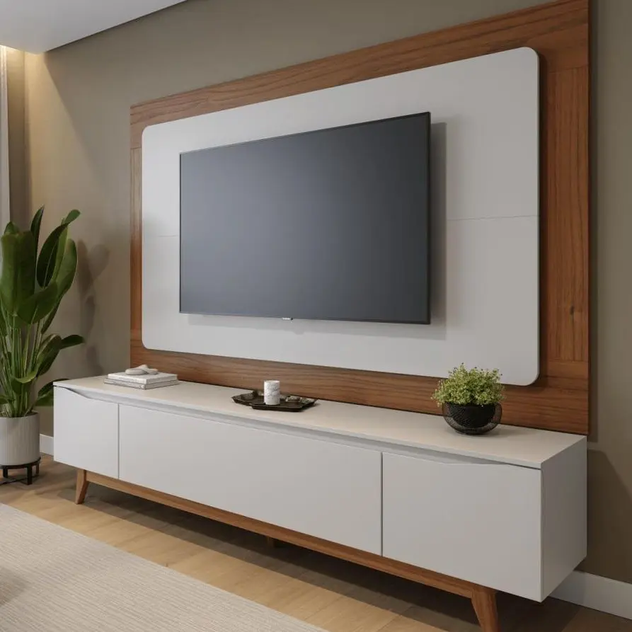 Rack com Painel para TV até 75 Polegadas MDF 220cm x 187,9cm Pés em Madeira Maciça Flynt Oslo Bege - 1