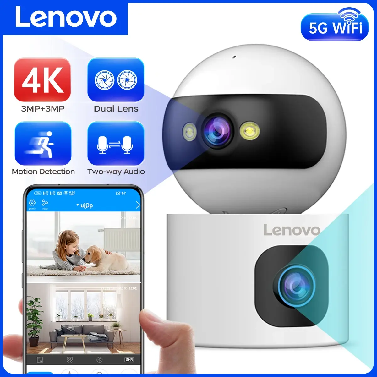 Lenovo 4K Câmera IP 5G WiFi Dual Lens Smart Home Auto Tracking CCTV Câmera de vigilância sem fio Security Baby Monitor - 1