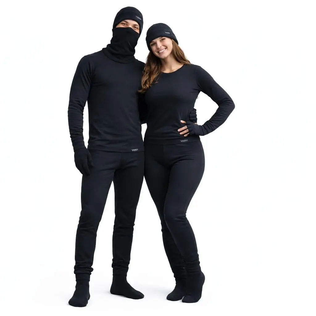 Conjunto Térmico Segunda Pele Unissex, 6 Peças, Blusa e Calça Flanelada, Gorro, Cachecol, Luvas Touch e Meias, Preto unisex