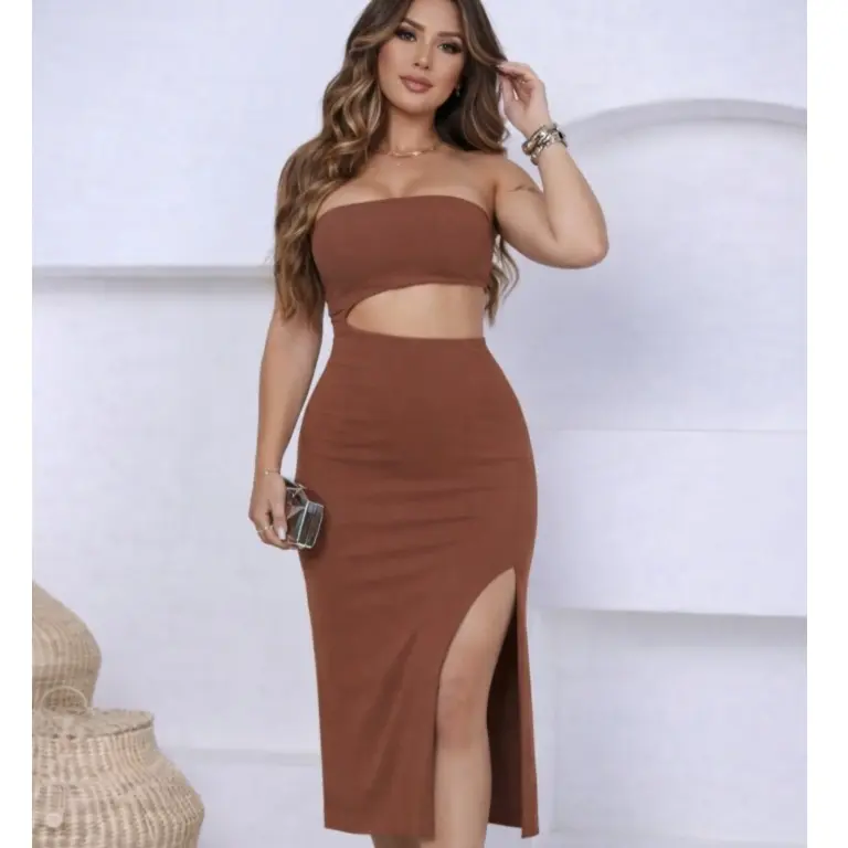 Vestido Feminino Grécia Canelado Premium Tomara que Caia Fenda na Lateral - 1