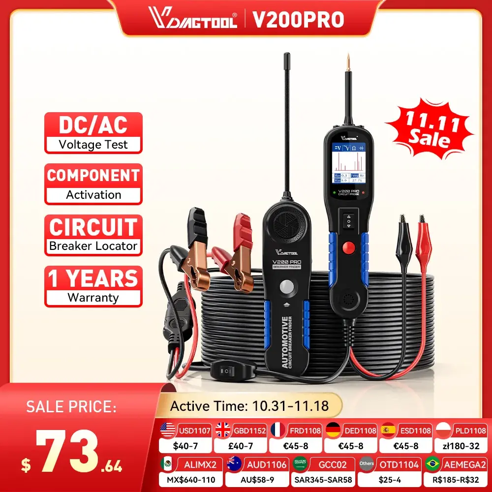 VDIAGTOOL V200PRO Testador de Circuito Automotivo 12V/24V com Cabo de 40FT/12M, Testador de Relé e Fusível, Detector de Curto-Circuito de Injetor de Combustível(estoque no Brasil)