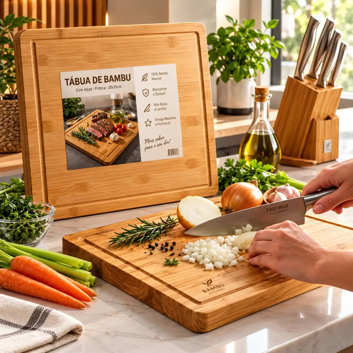 Tábua Para Churrasco 100% Bambu Premium, 40x33cm, 3cm de Espessura | Luxo, Para Churrasco e Legumes, Super Grossa, Ideal para Preparar, Cortar e Servir, Superfície Antibacteriana
