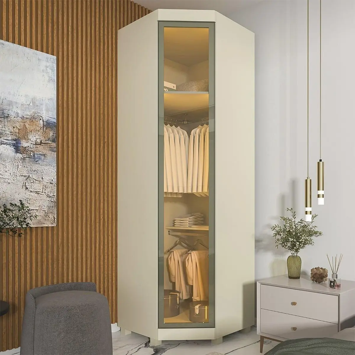 Módulo Guarda-Roupa Canto com Vidro Reflecta e LED 100% MDF Imperatriz Bege/Off White Off White