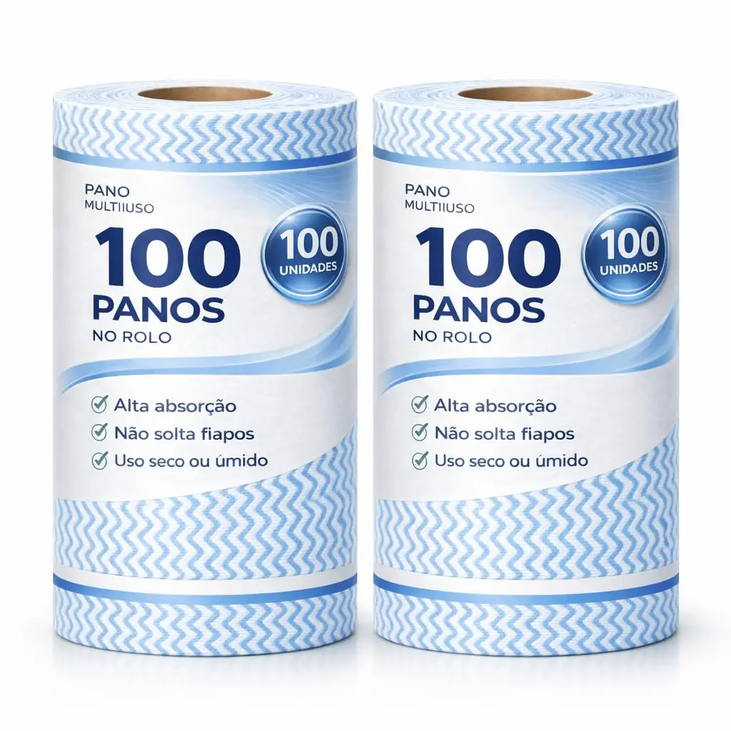 Kit com 2 Rolos Pano Multiuso Tipo Perfex Lavável Reutilizável Secagem Rápida 200 Panos 25x30cm para Cozinha Vidros Móveis Lavanderia