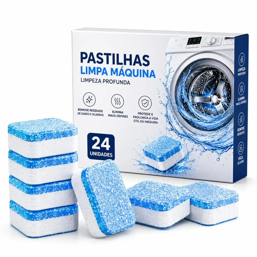 Kit 24 Pastilhas Limpa Máquina de Lavar Roupas Pastilha Efervescente - Potente Higieniza Remove Mau Odor e Resíduos