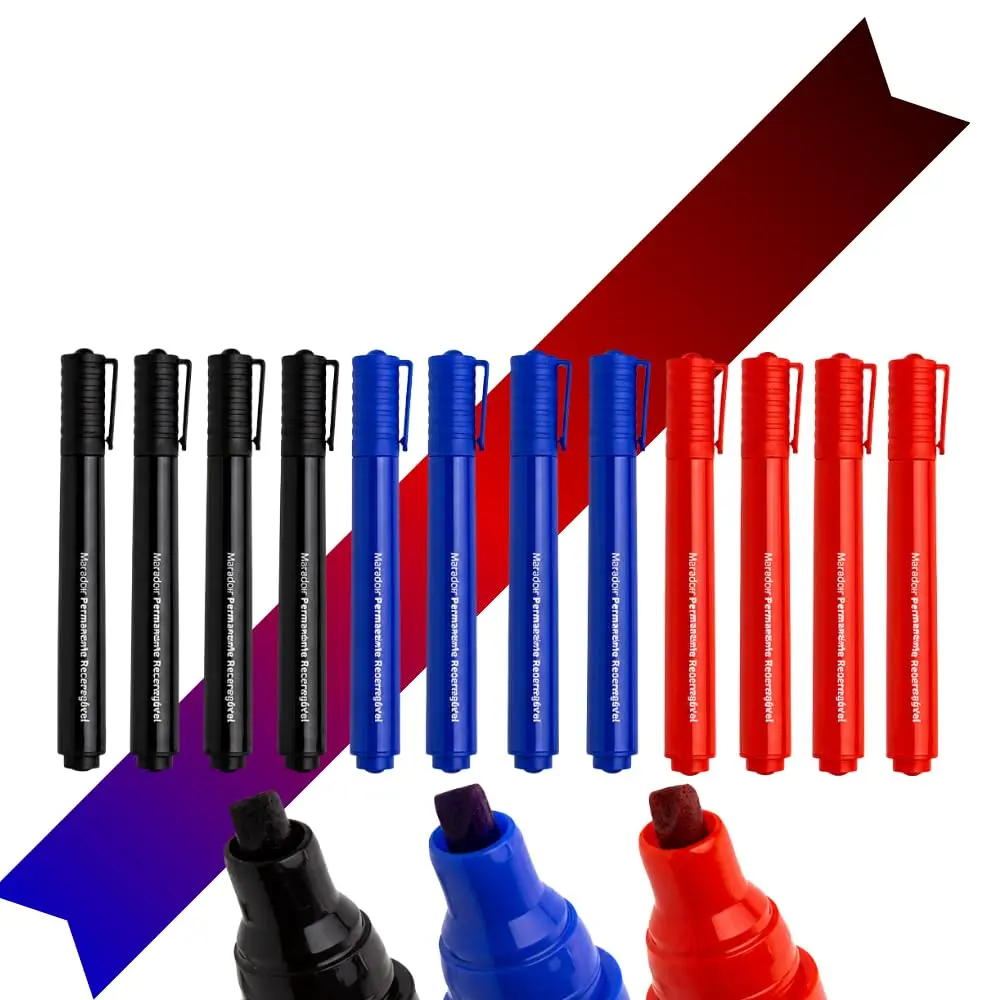 12 Canetão Pincel Marcador Permanente 4 Preto 4 Azul 4 Vermelho Caixa | Secagem Rápida Caneta Atômico Ponta Chanfrada Marcar Papelão Vidro Metal Escritório Escola - 1