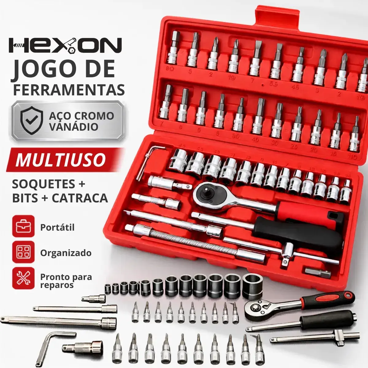 Kit Ferramentas 46 Peças Com Soquetes e Chaves Para Carro e Casa Vermelho Hexon - 1
