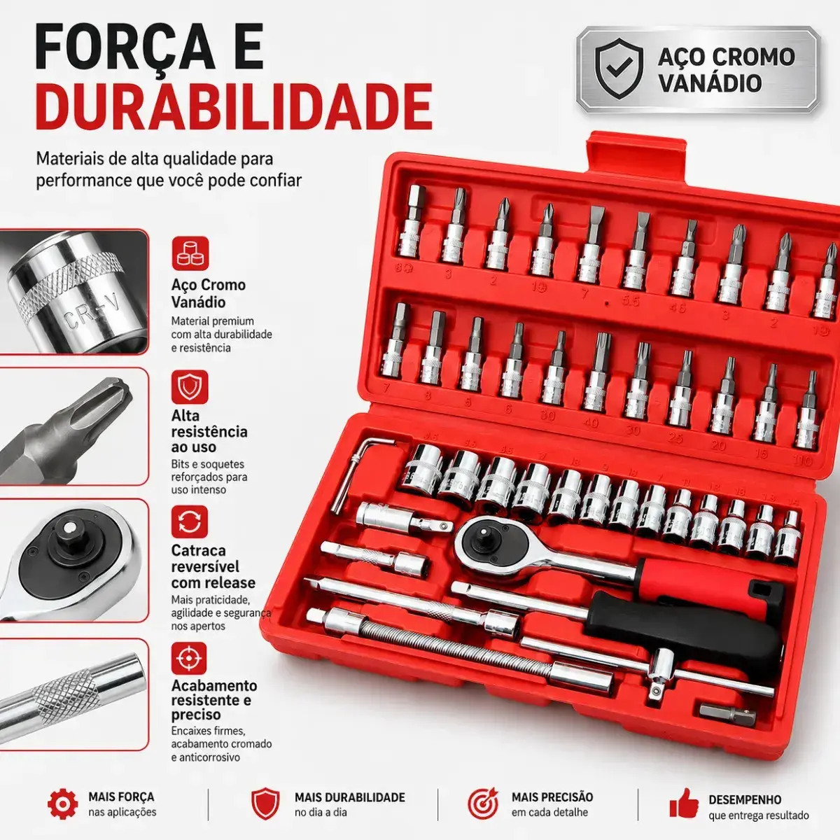 Kit Ferramentas 46 Peças Com Soquetes e Chaves Para Carro e Casa Vermelho Hexon thumbnail 2