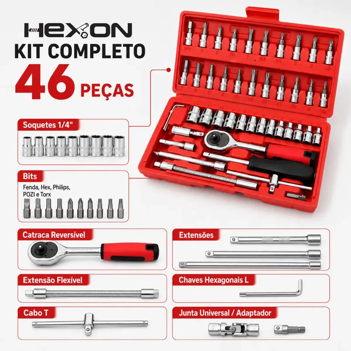 Kit Ferramentas 46 Peças Com Soquetes e Chaves Para Carro e Casa Vermelho Hexon thumbnail 3