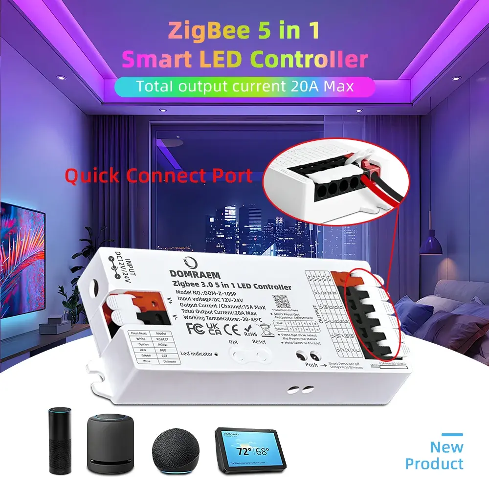 DOMRAEM Zigbee 3.0 Controlador de Fita LED 5 em 1 DIMMER CCT RGB RGBW RGBCCT PWM Compatível com HU*E SmartThings APP Controle por Voz 20A Máx. - 1