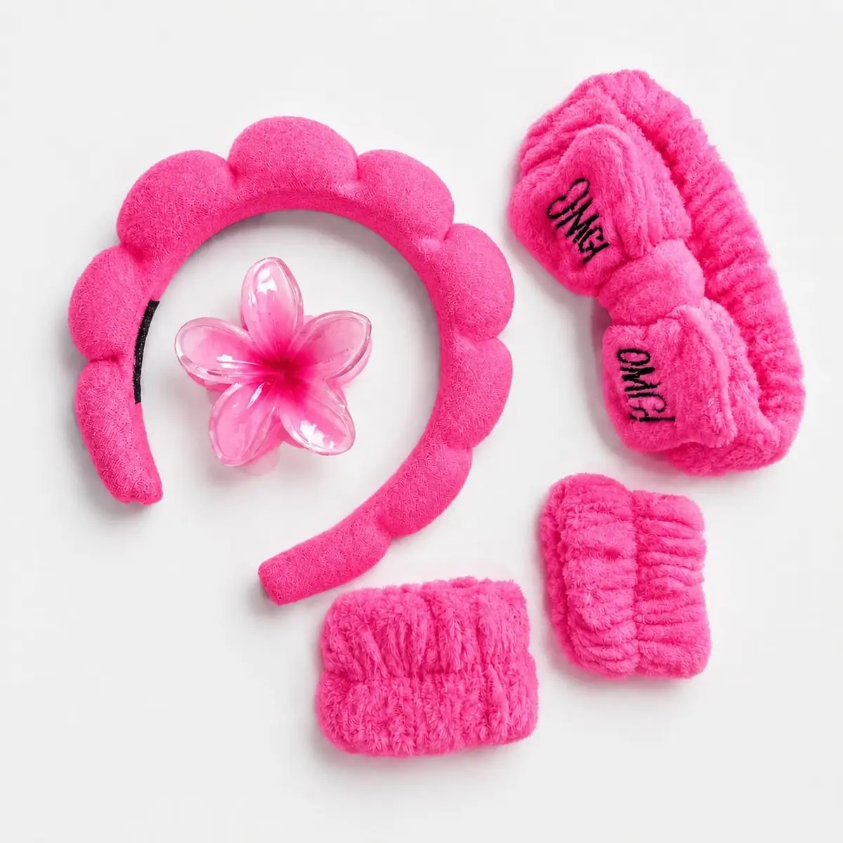 Kit de Skincare com Tiara Puff, Faixa Macia, Pulseiras Anti-Respingo e Presilha – Acessórios Confortáveis e Anti-Suor para Rotina de Beleza, Limpeza Facial e Cuidados com a Pele (Rosa Pink) - 1