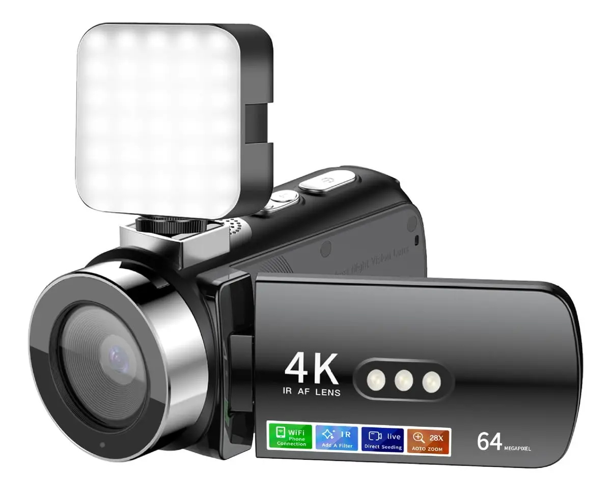 Câmera de vídeo 4K Ultra HD de 64MP para vlogs, com zoom digital de 28x, tela giratória de 3 polegadas (3,0") com 270° de rotação, gravador de vídeo com visão noturna e conexão Wi-Fi.