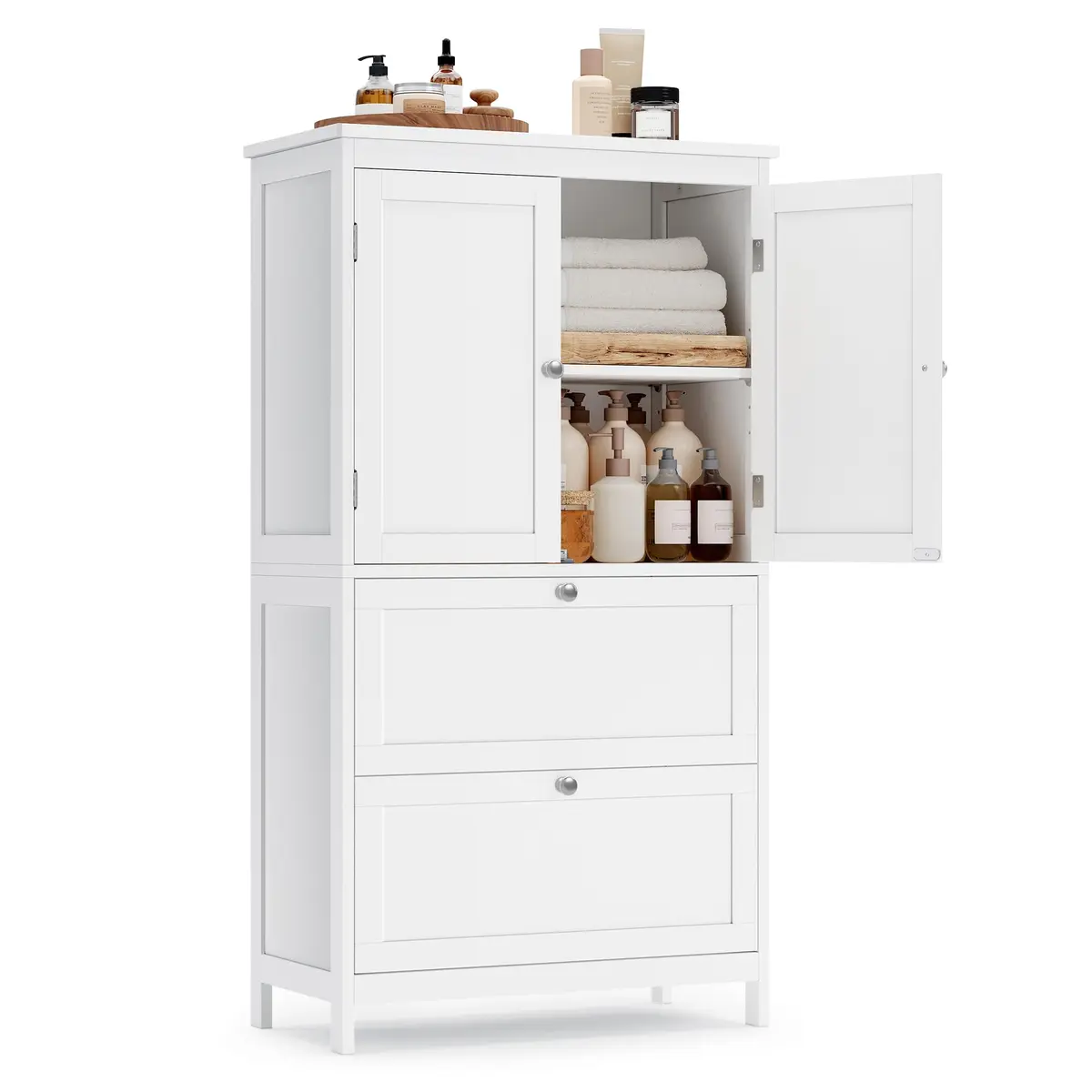 VASAGLE Armário para Banheiro, Armário de Cozinha Independente | 30 X 60 x 110 cm, com 2 Gavetas e 2 Portas, Prateleira Ajustável, Branco, BRBBC551P31V2