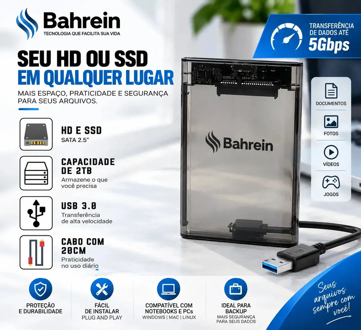 Case Para HD Externo USB 3.0 Para HD/SSD SATA 2,5" Adaptador Gaveta Portátil Alta Velocidade Para Notebook PCs Consoles Transparente thumbnail 2