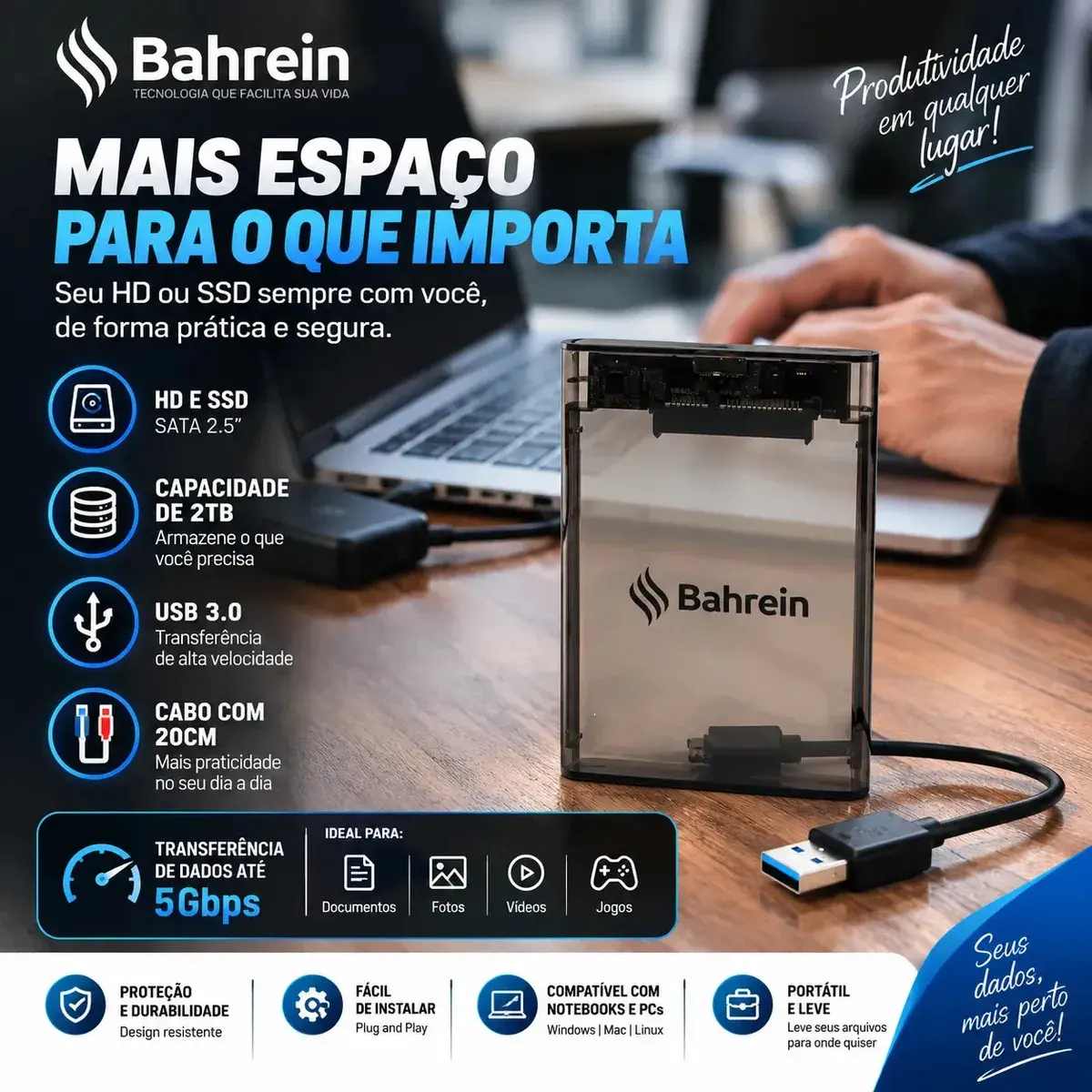 Case Para HD Externo USB 3.0 Para HD/SSD SATA 2,5" Adaptador Gaveta Portátil Alta Velocidade Para Notebook PCs Consoles Transparente thumbnail 3