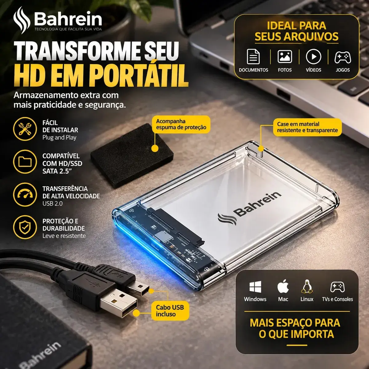 Case Para HD Externo USB 3.0 Para HD/SSD SATA 2,5" Adaptador Gaveta Portátil Alta Velocidade Para Notebook PCs Consoles Transparente thumbnail 4