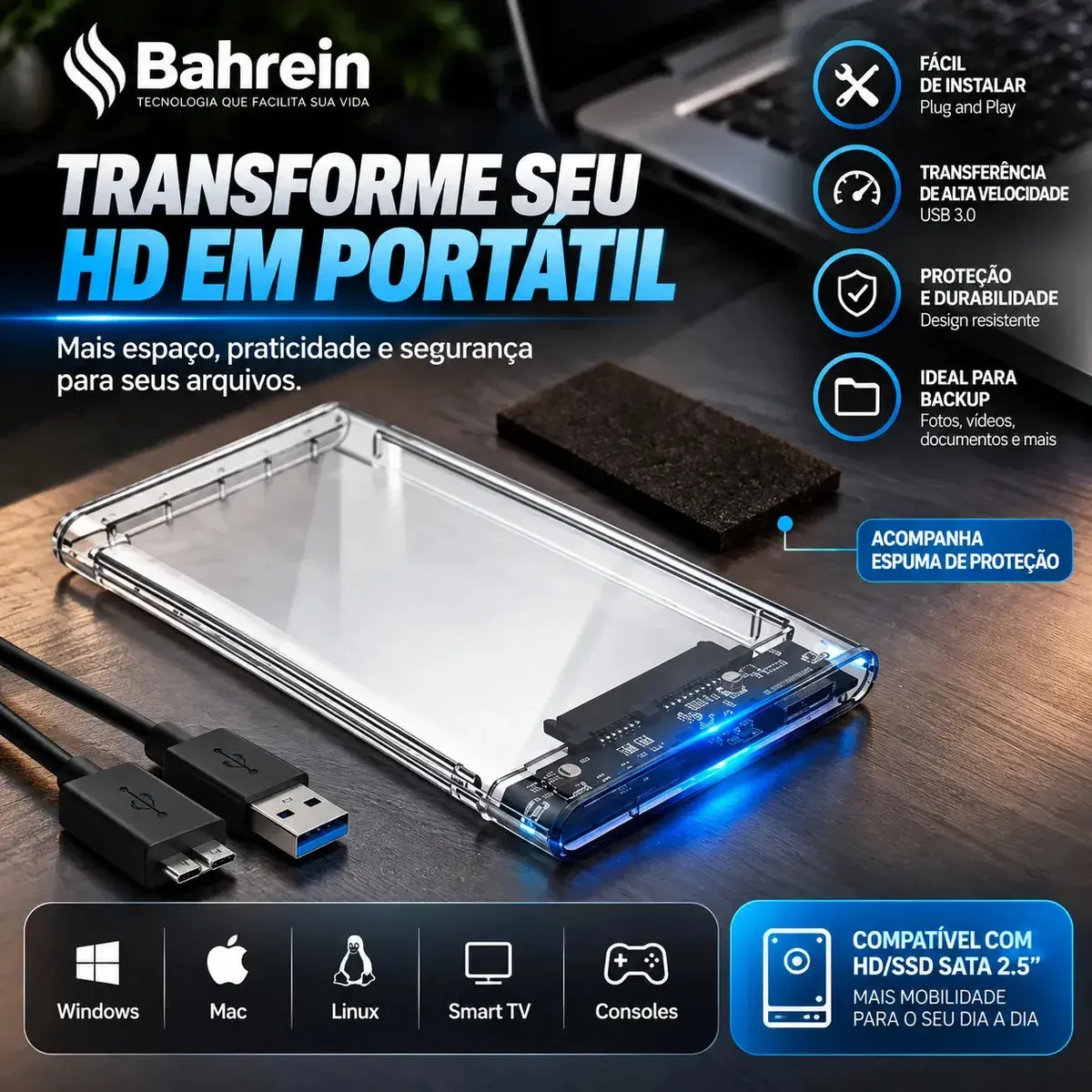 Case Para HD Externo USB 3.0 Para HD/SSD SATA 2,5" Adaptador Gaveta Portátil Alta Velocidade Para Notebook PCs Consoles Transparente thumbnail 5