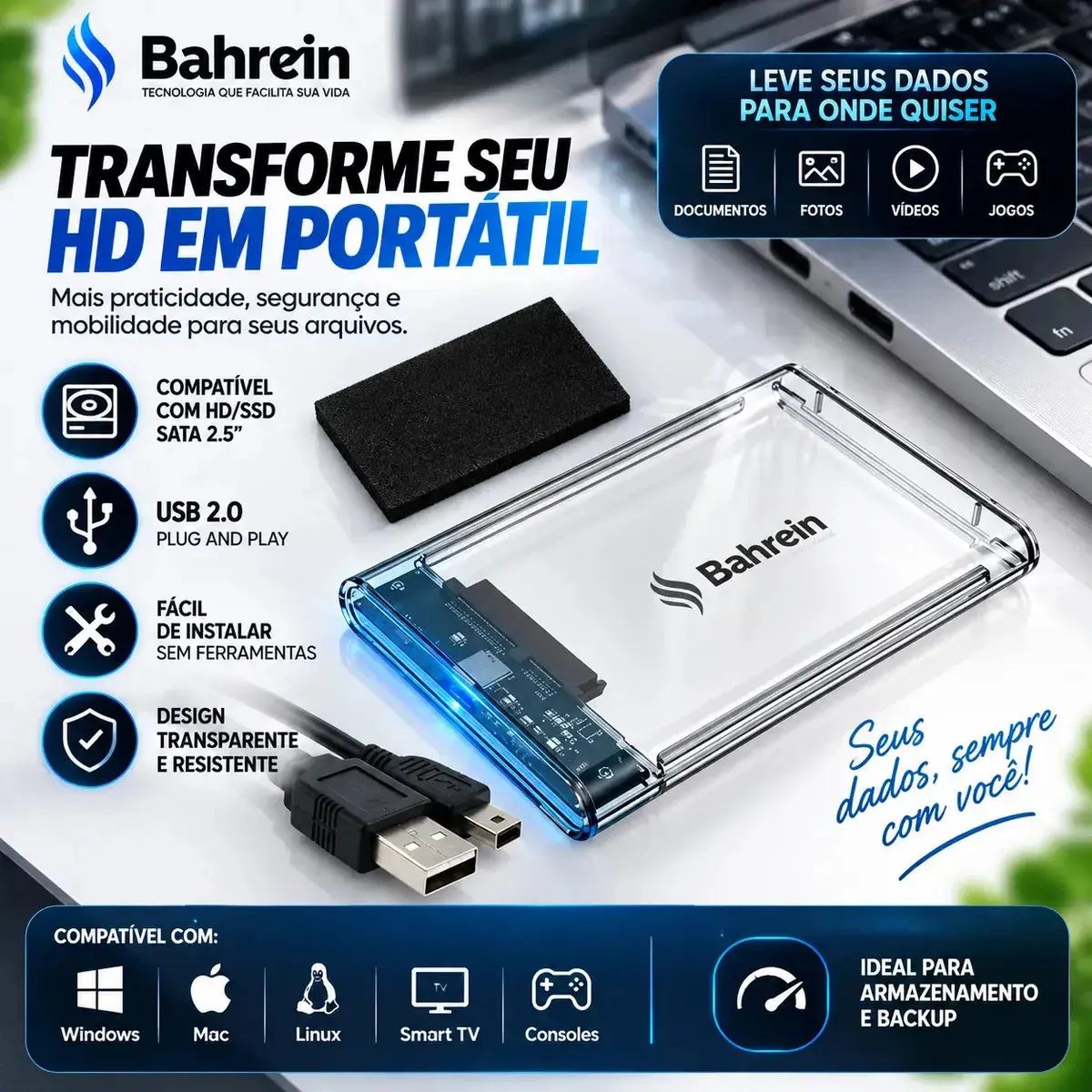 Case Para HD Externo USB 3.0 Para HD/SSD SATA 2,5" Adaptador Gaveta Portátil Alta Velocidade Para Notebook PCs Consoles Transparente thumbnail 6