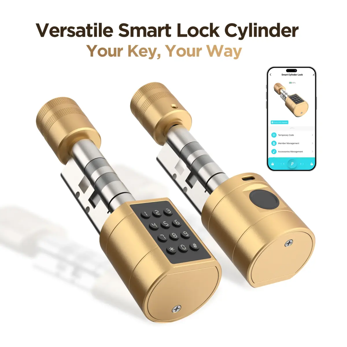 Viladepot fechadura inteligente com impressão digital, cilindro, interface TYPE-C, controle por aplicativo, senha, cartão de identificação interno
