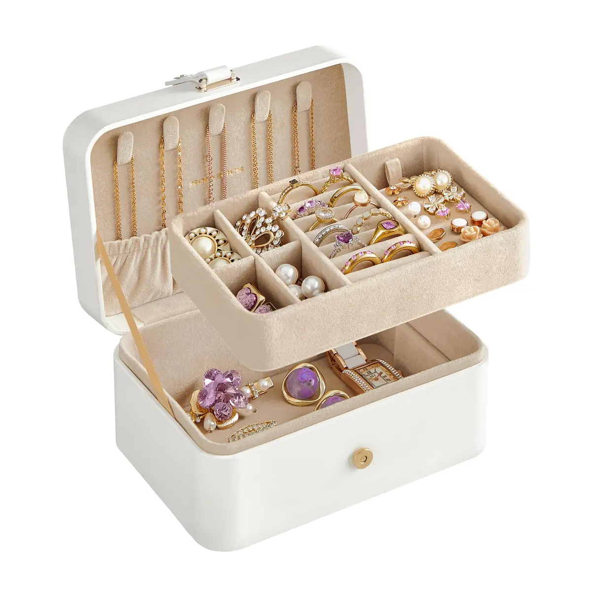 SONGMICS Caixa de Joias, Organizador de 2 Camadas, Estojo de Joias de Viagem 11,6 x 16 x 7,5 cm, Portátil, Pequeno e Espaçoso, para Acessórios Maiores, Ideia de Presente, Branco Nuvem BRJBC166W01