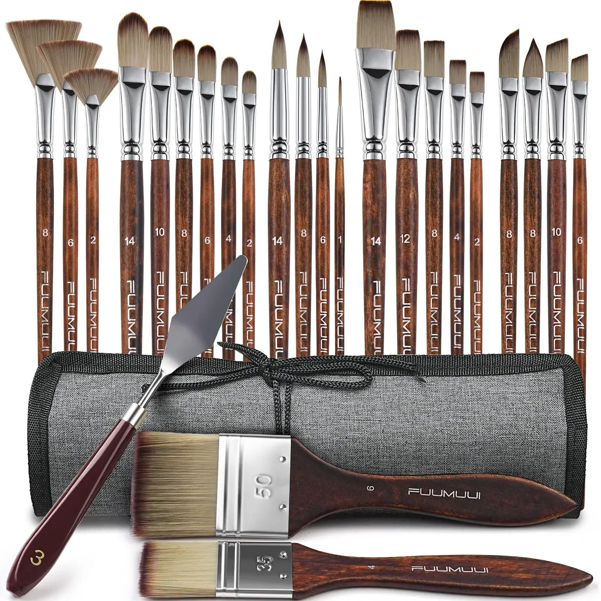 Conjunto de pincéis de tinta acrílica Fuumuui com 25 peças, série de artistas profissionais com tela plana, filbert, leque, adaga, língua de gato, redondo, ângulo, rigger para óleo, pinturas em tela