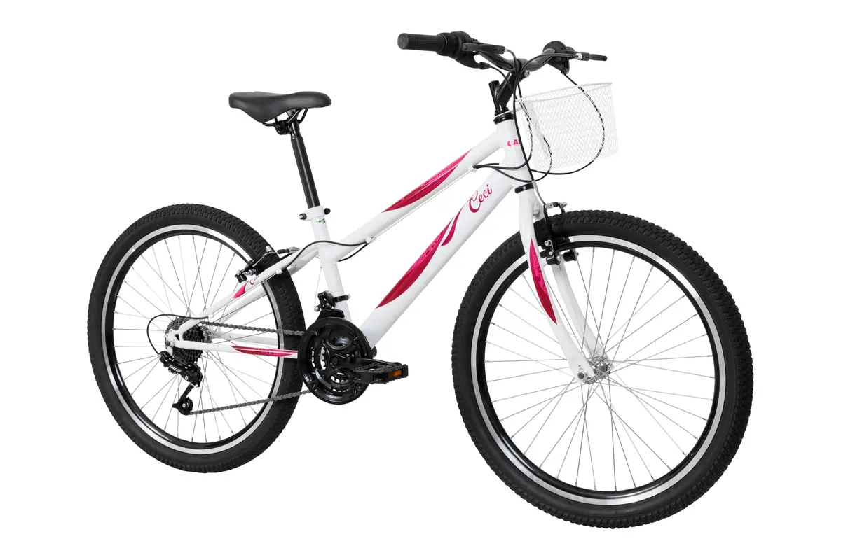 Bicicleta Caloi Ceci Aro 24, 21 Marchas, Grip Shift, Freio V-Brake, Aros de Alumínio Parede Dupla, Cestinha, Passeio e Lazer