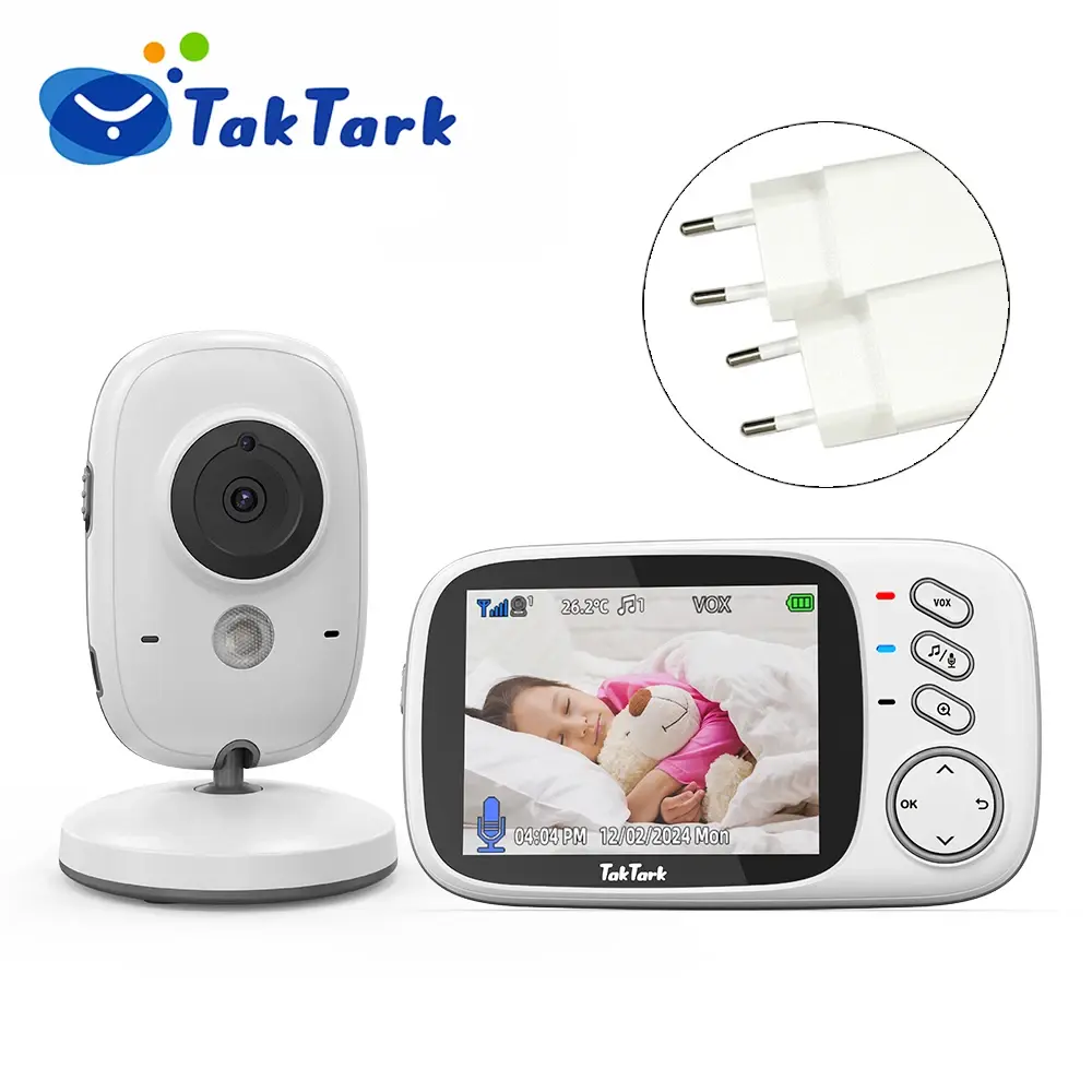 TakTark Monitor de bebê com vídeo sem fio de 3,2 polegadas com canções de ninar, visão noturna automática, intercomunicador bidirecional, monitoramento de temperatura, babá