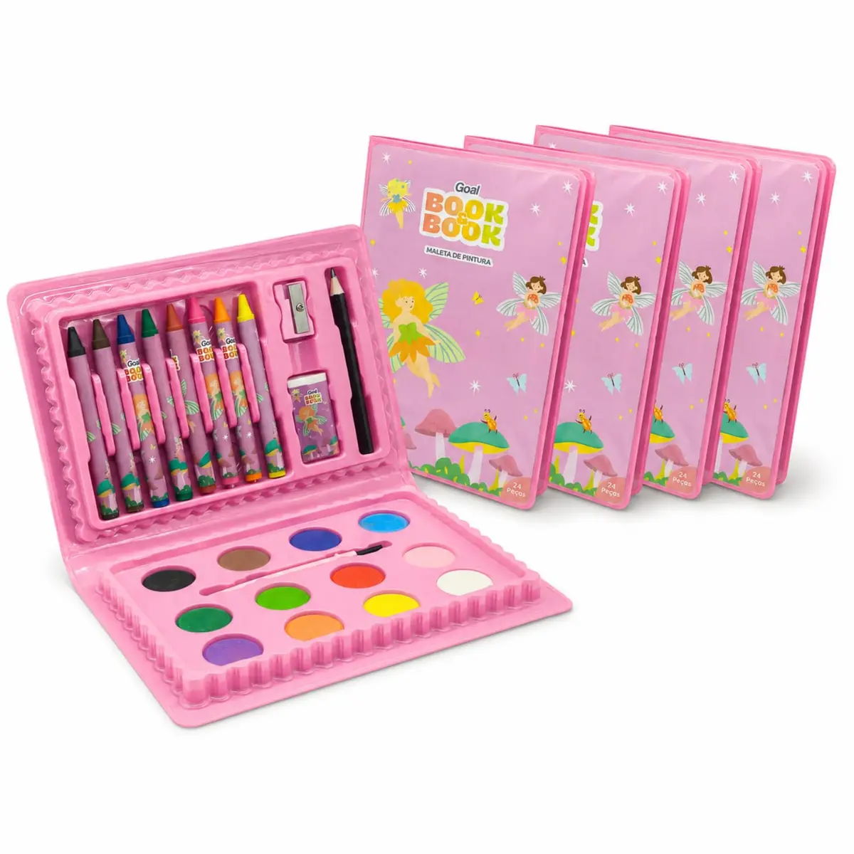 Maleta de Pintura Infantil Completa com Aquarela, Giz de Cera, Lápis e Acessórios – Kit de Desenho Portátil para Crianças, Estojo Organizado para Colorir e Criar (Rosa 4 und)