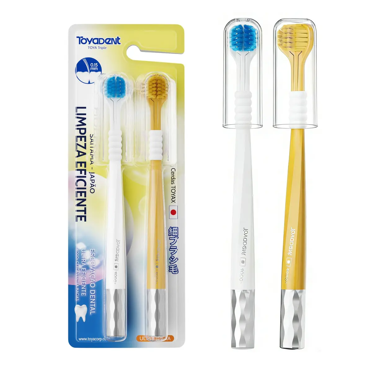 TOYADENT Escova de Dente Tripla Adulto 2 Unidades, Cerdas Macias e Ultradensas, Com Capa Protetora, Portátil e Antipoeira, Limpeza Eficiente dos Dentes, Ideal para Casa e Viagem (amarelo)