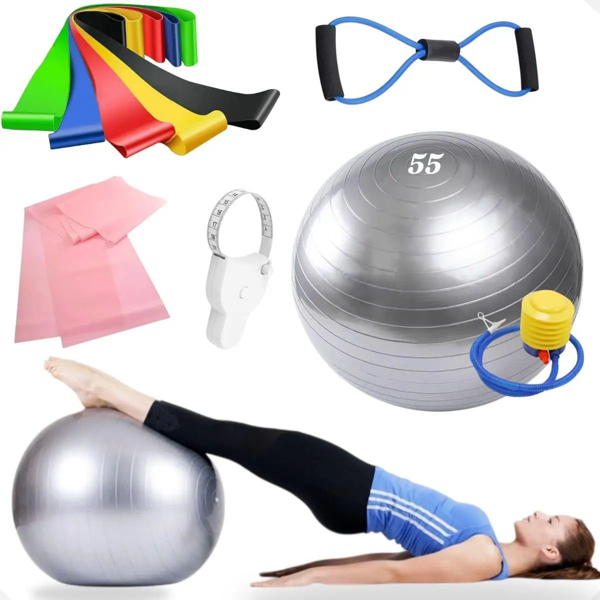 Kit Pilates e Yoga com Bola 55cm Antiestouro, Bomba de Ar, 7 Faixas Elásticas e Fita Métrica, Suporta 200kg - 1