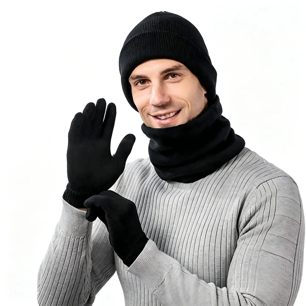 EKROTOK Conjunto de Inverno com Gorro, Cachecol e Luvas, 3 peças em Tricô Macio e Quente, Luvas com Dedos Sensíveis ao Toque para Homens e Mulheres.