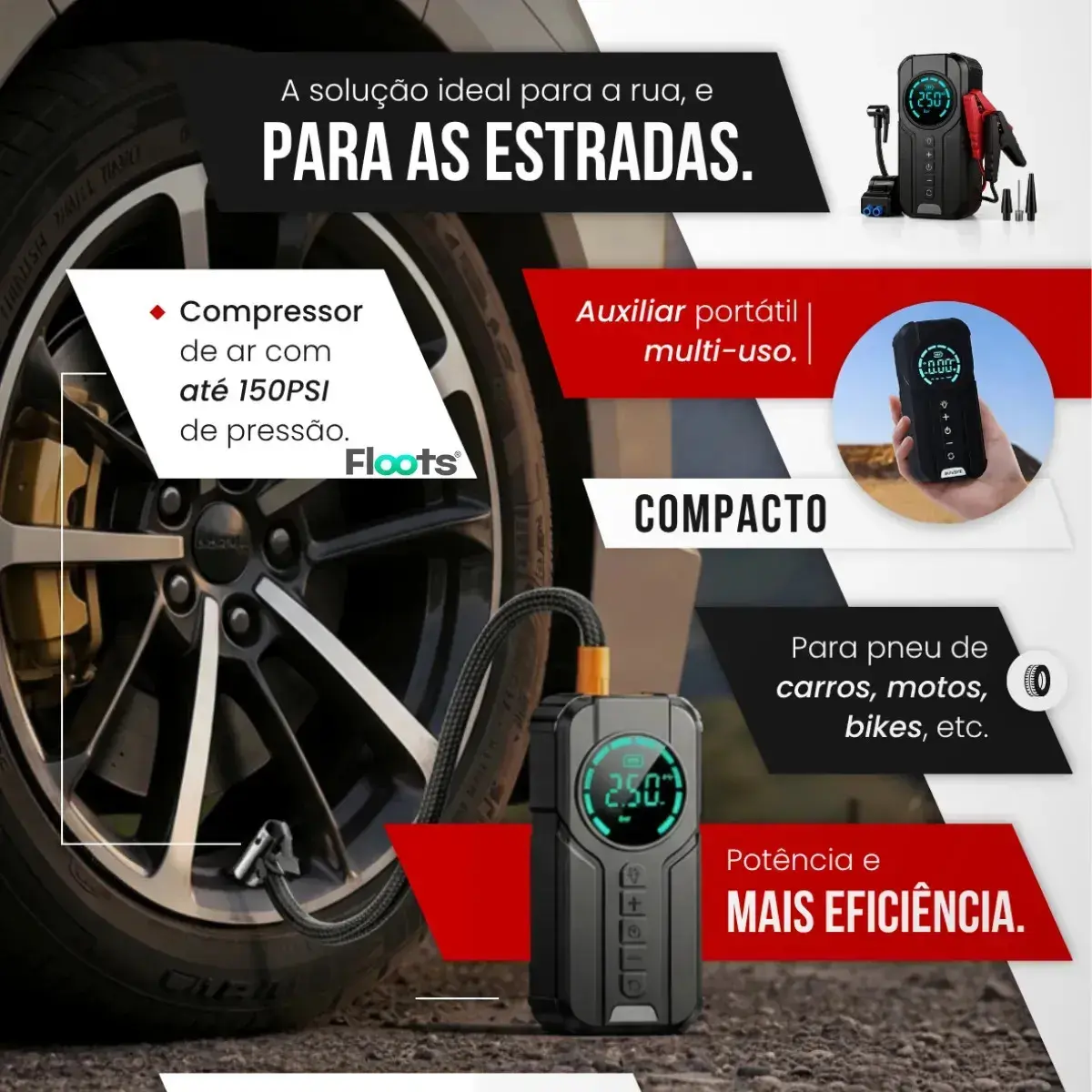 Auxiliar de Partida Carregador Bateria Com Compressor de Ar Emergência Portátil Veicular Floots Automotivo thumbnail 2