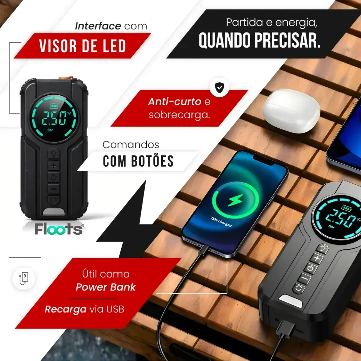 Auxiliar de Partida Carregador Bateria Com Compressor de Ar Emergência Portátil Veicular Floots Automotivo thumbnail 3