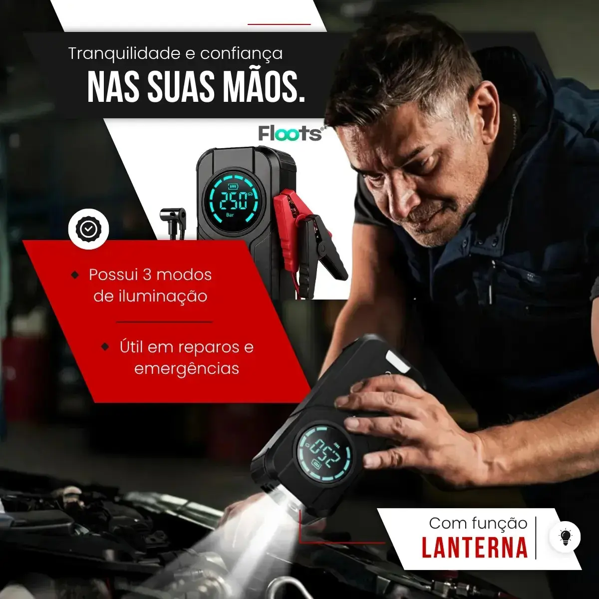 Auxiliar de Partida Carregador Bateria Com Compressor de Ar Emergência Portátil Veicular Floots Automotivo thumbnail 4