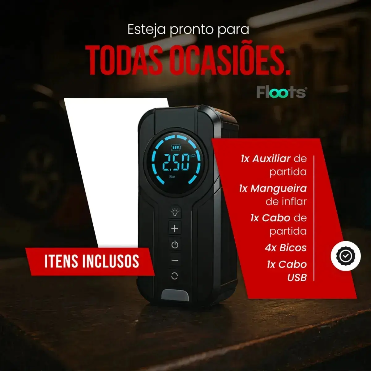 Auxiliar de Partida Carregador Bateria Com Compressor de Ar Emergência Portátil Veicular Floots Automotivo thumbnail 5