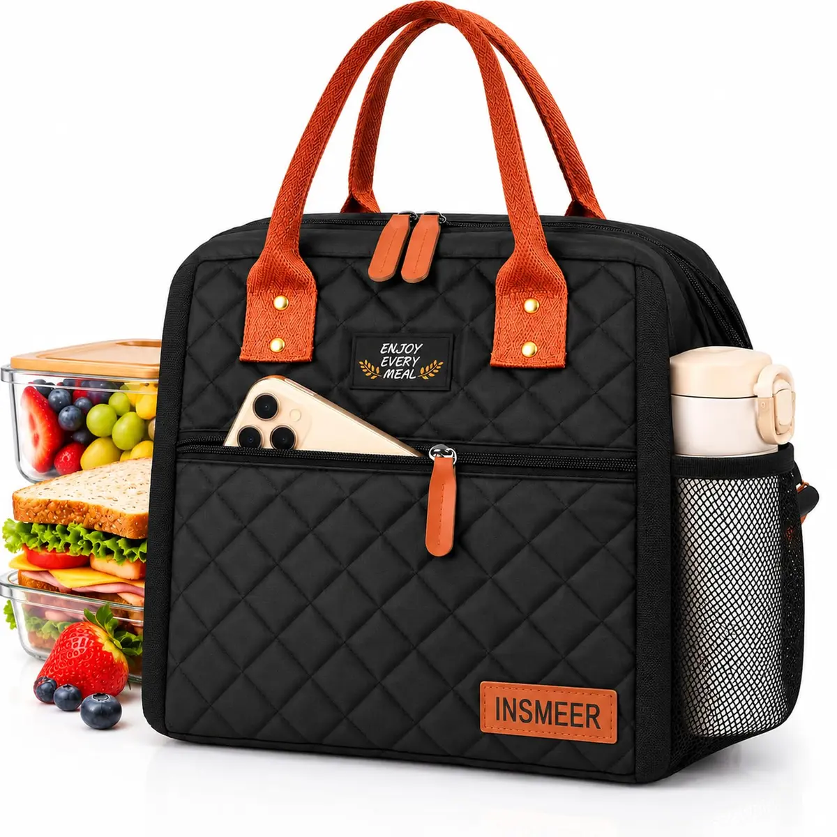 INSMEER Lancheira Bolsa Térmica, Bolsa Térmica Marmita Portátil Para Viagem, Caminhada, Praia, Piquenique, Churrasco,20 Latas, Preto