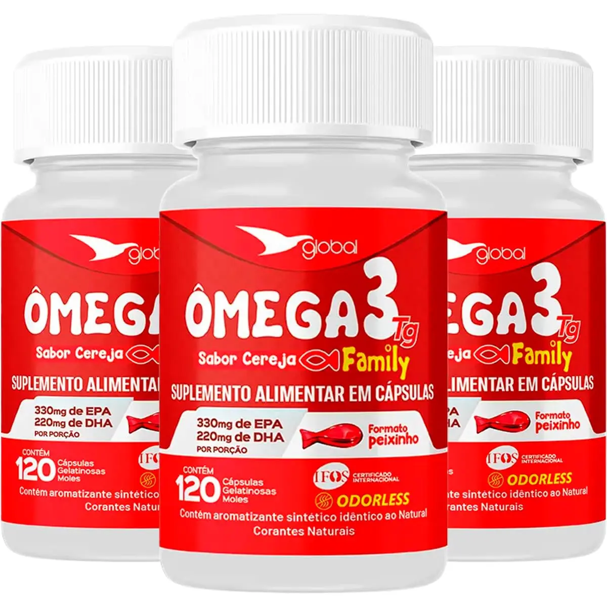 Kit 3 Ômega 3 Peixinho 33 EPA 22 DHA Family Global Suplementos 120 Cápsulas