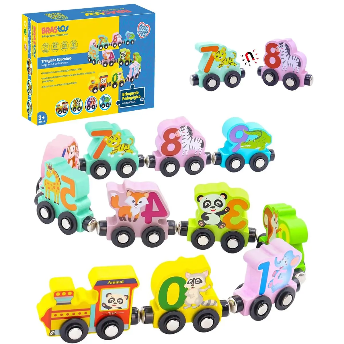 Brastoy Montessori Trem Veículos Magnético de Madeira Educativo Brinquedos Infantil Números e Animal