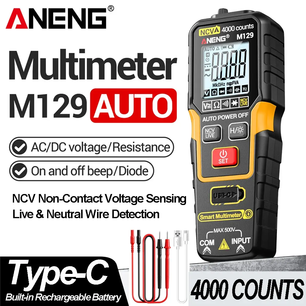 Multímetro Digital Recarregável ANENG M129 com 4000 Contagens, Medidor de Tensão AC/DC e Resistência com Lanterna e Auto Range - 1