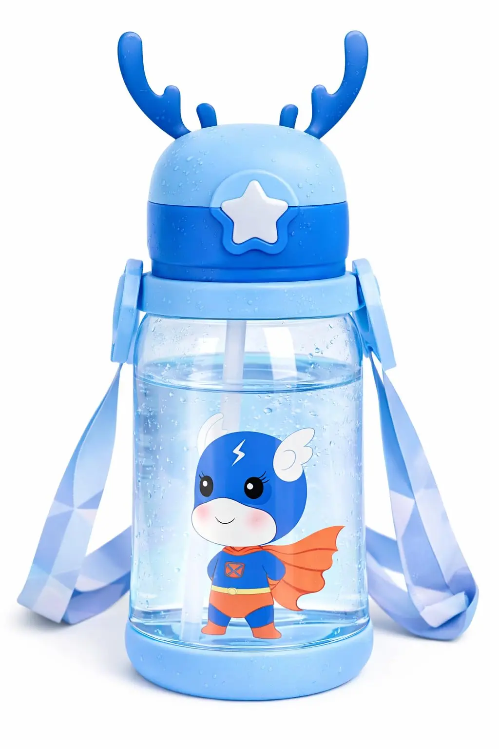 Garrafa Alce com Canudo e Alça de Transporte 600ml Antivazamento Squeeze com Tampa de Botão, Garrafinha Portátil para Escola, Passeios, Viagens e Uso Diário (Azul)