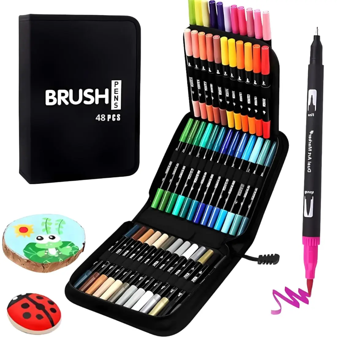 Canetas Marcadoras Brush Pens com Dupla Ponta, 48 Cores (Ponta Fina e Pincel) – Marcadores Artísticos para Crianças e Livros de Colorir para Adultos, Não Vaza a Tinta (48 cores)